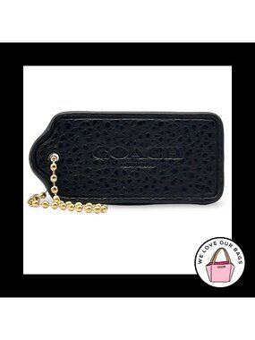 2.25" COACH NEW YORK Black Pebbled Leather Brass Fob Bag Charm Keychain Hang Tag